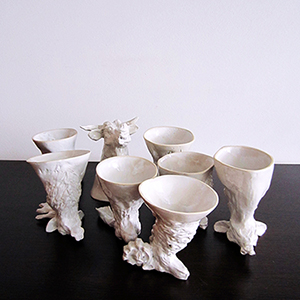Animal head decorative ceramic cups, white glazed.